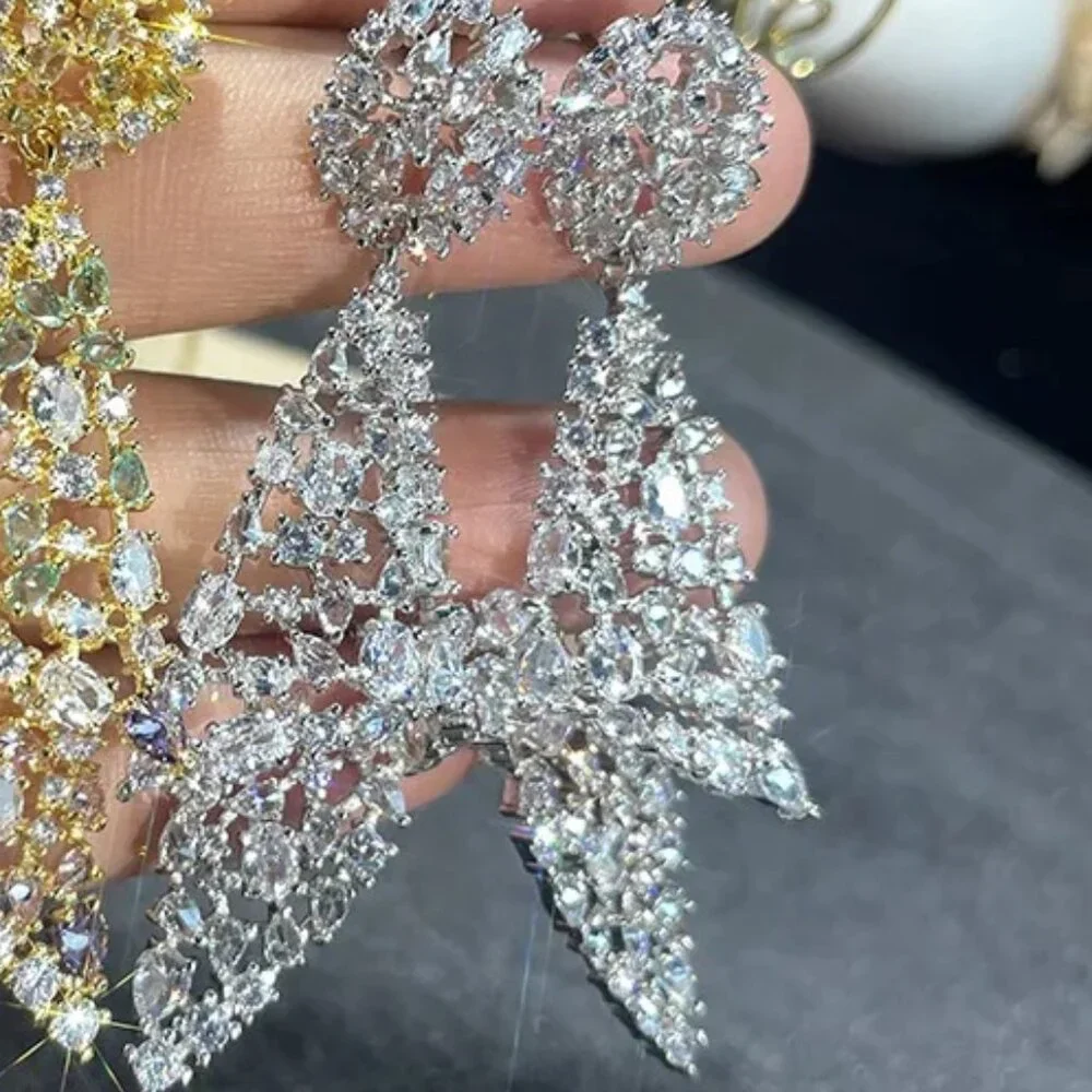 Silver Plated CZ Geometric Long Dangle Drop Earrings for Brides Wedding Costume - Picture 3 of 3